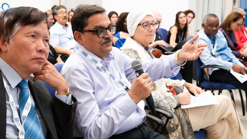 From left: TWAS Council Member for East and South-East Asia Lê Tuân Hoa, TWAS Council Member for Central and South Asia Anil K. Gupta (speaking), TWAS Council Member for the Arab Region Najoua Turki Kamoun, and in the background, TWAS Executive Director Romain Murenzi, attending a panel at the science festival Trieste Next, in Trieste, Italy, in 2023. All are TWAS Fellows. (Photo: G. Ortolani/TWAS) 